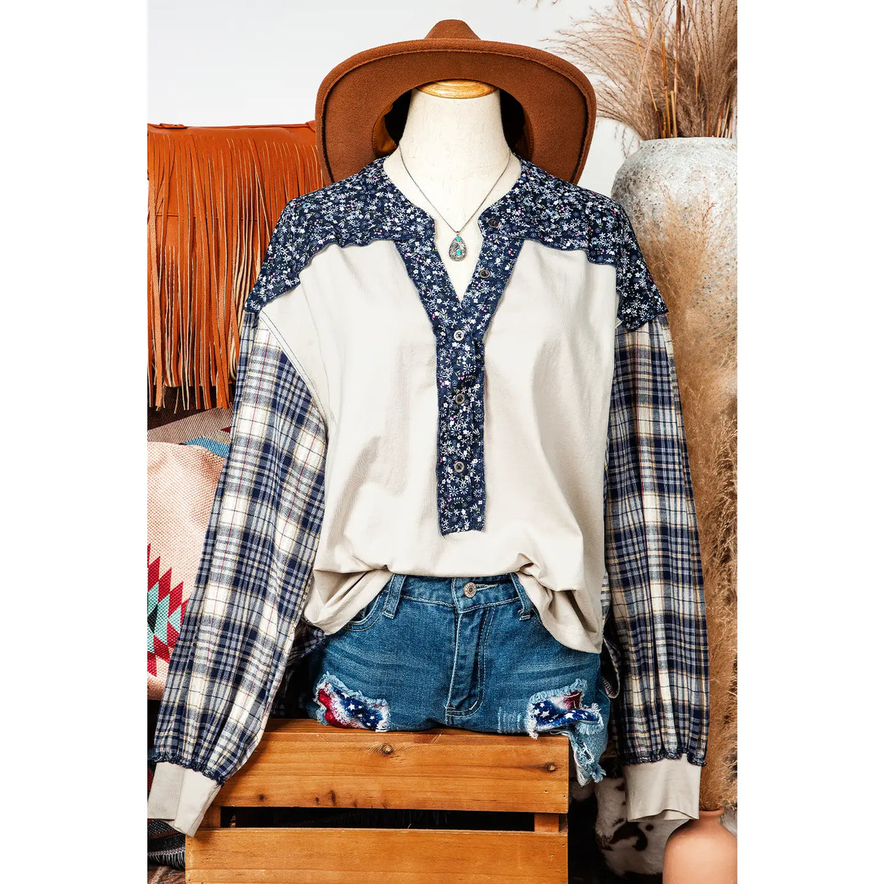 "Country Patchwork" Bishop Sleeve Blouse