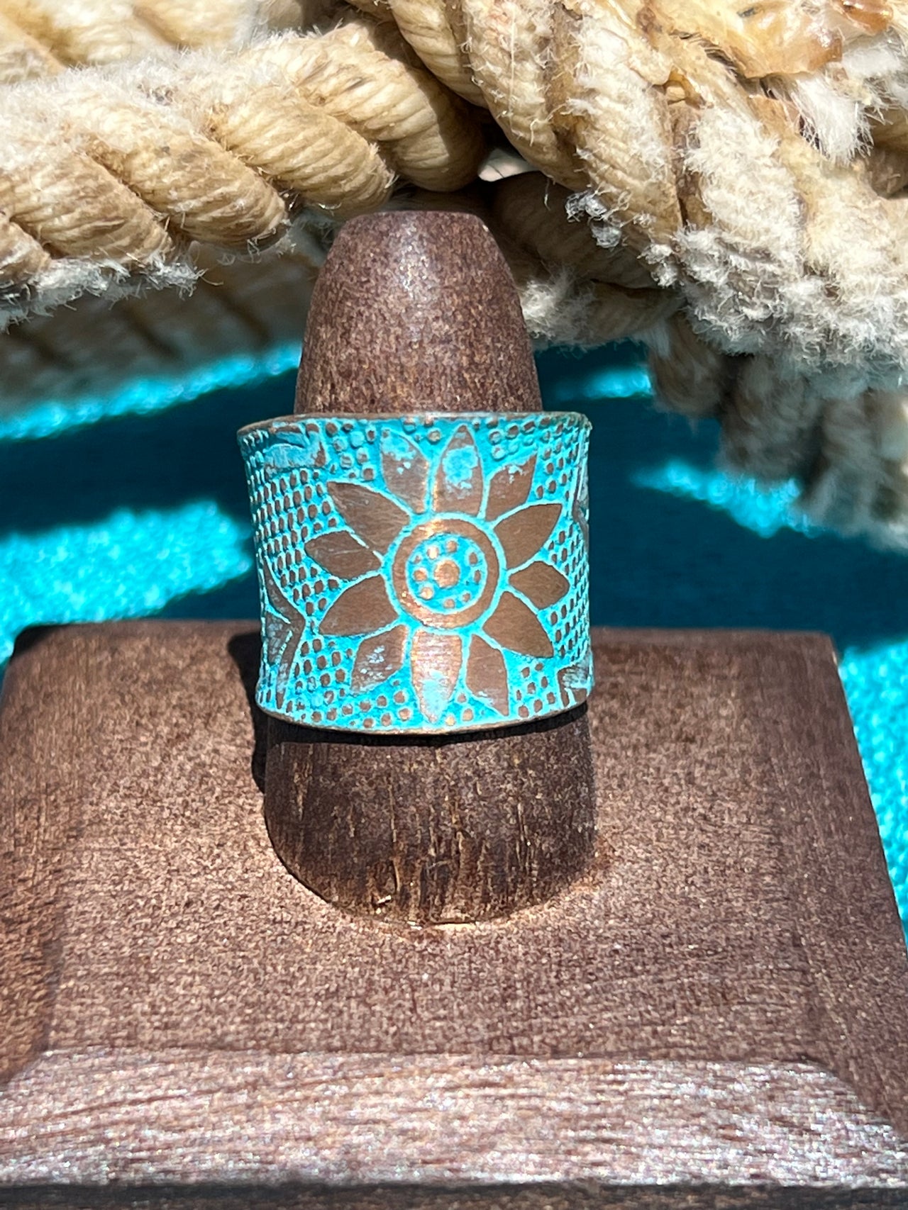 Copper Patina Teal Sunflower Ring