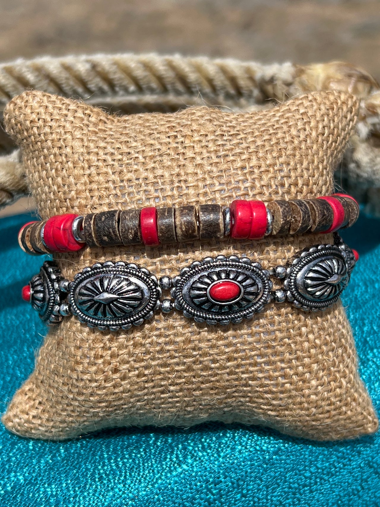 Red Concho & Beaded Silvertone Bracelet Set