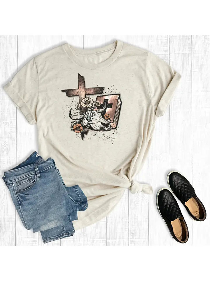 Western Cowskull Bible and Cross T-Shirt